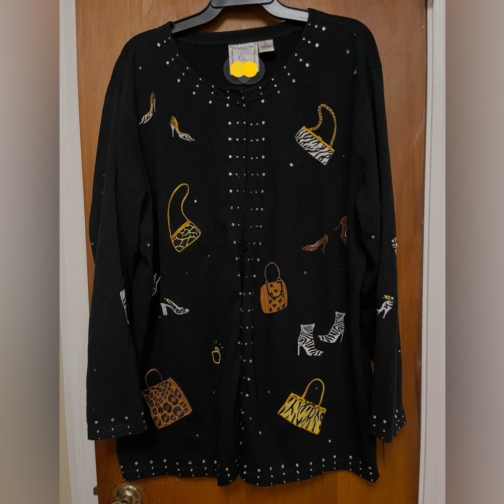 Michael Simon Black Cardigan Gold, Brown and White Handbag Motifs Embroidered
